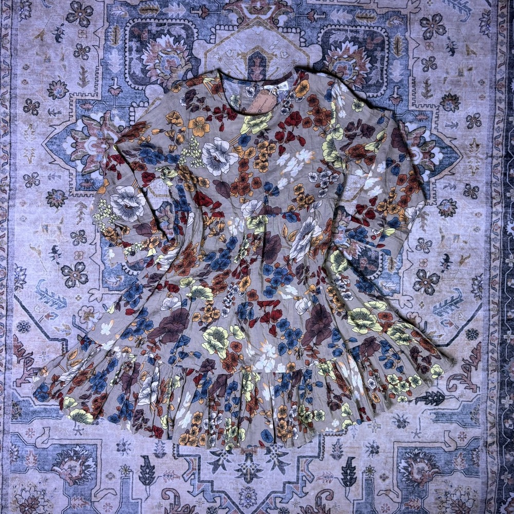 Natural Life Floral Tiered Mini Dress Taupe Long Sleeve XS NWT Rayon Cotton New